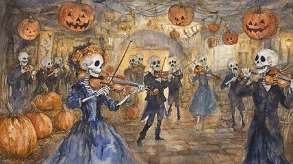 Wall Mural - A painting of a group of skeletons playing violins