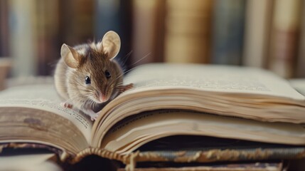 A curious mouse peeks over the edge of an open book, surrounded by more books, in a serene, intimate library setting.