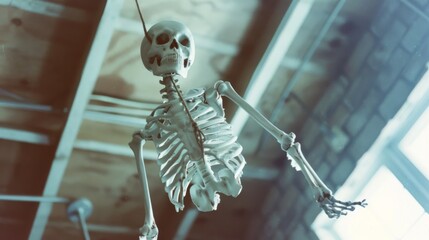 A suspended skeleton hangs in a dimly lit room with a high ceiling, evoking a sense of eerie discovery.