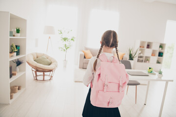 Poster - Rear portrait of lovely little schoolchild backpack wear uniform living room flat indoors