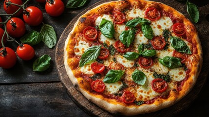 artisanal margherita pizza with vibrant tomatoes fresh basil and melted mozzarella on rustic wooden surface italian culinary perfection