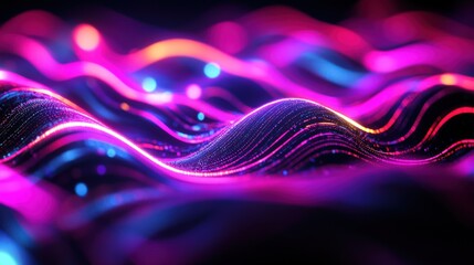 Wall Mural - Abstract background with glowing pink, blue and orange waves and particles.