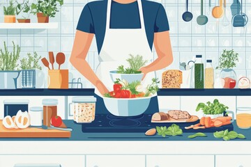 A person prepares a healthy meal in the kitchen. Fresh ingredients and vibrant colors show a love for cooking. This illustration highlights home cooking skills. Generative AI