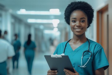 Wall Mural - A confident Black nurse in scrubs, standing in a bustling hospital corridor, holding a clipboard