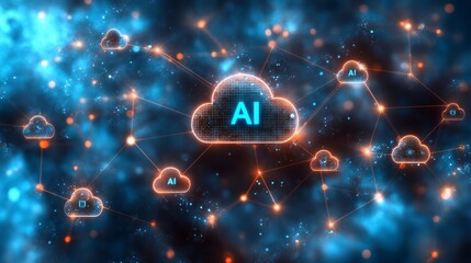 Sticker - AI Cloud Computing, Network Connections and Data Exchange in Futuristic Cyberspace Environment