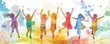 © Liffer - Colorful silhouettes of children celebrating joyfully against a vibrant watercolor background, capturing the essence of happiness.