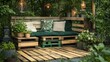 © SmartArt - Cozy outdoor garden seating area with wooden pallets and greenery in a tranquil setting