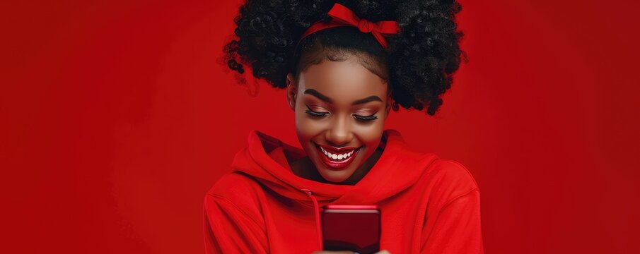 Young woman joyfully texting on phone with red background.