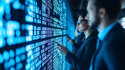Poster - A team of data scientists collaborating over complex data visualizations on large screens demonstrating the collaborative nature of AI research Stock Photo with copy space
