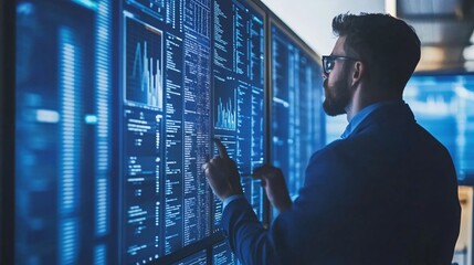 Poster - A team of data scientists collaborating over complex data visualizations on large screens demonstrating the collaborative nature of AI research Stock Photo with copy space