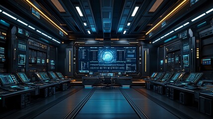 Poster - A futuristic control room with a central screen displaying real-time AI data analysis surrounded by rows of computers and monitoring equipment Stock Photo with copy space