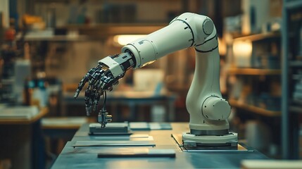 Poster - An AI-powered robotic arm assembling intricate components in a manufacturing plant highlighting the precision of AI in automation Stock Photo with copy space