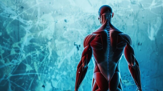 Rendering of a muscular figure viewed from behind, set against a backdrop of abstract neural connections, highlighting the human form and its complexity.