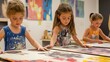 © Liffer - Three children engage in creative art activities, showcasing their colorful paintings and enjoying a fun learning experience.