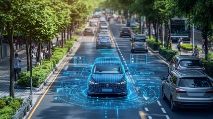 Poster - An autonomous vehicle navigating through a busy city street with sensors and AI systems ensuring safe travel Stock Photo with copy space