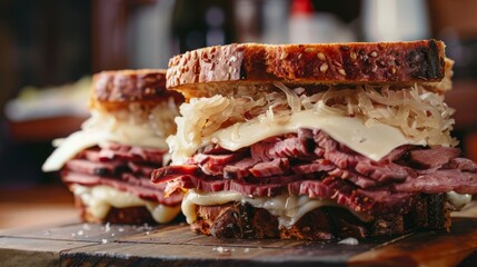 Two savory Reuben sandwiches overflowing with layers of corned beef, sauerkraut, and Swiss cheese on toasted rye bread.