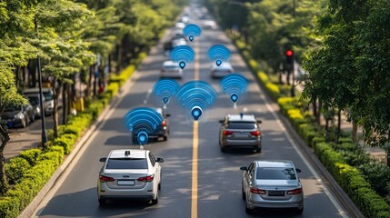 Poster - An autonomous vehicle navigating through a busy city street with sensors and AI systems ensuring safe travel Stock Photo with copy space