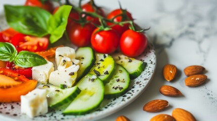 Sticker - A fresh plate featuring vibrant tomatoes, cucumbers, cheese cubes, basil leaves, and a few scattered almonds on a marble table.