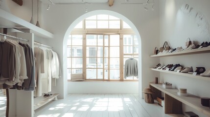 A minimalist, sunlit clothing boutique with racks of neatly arranged apparel and shelves displaying shoes, showcasing an elegant and spacious aesthetic.