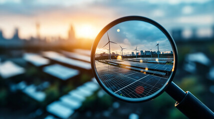 Poster - Wind turbines and solar panels under a magnifying glass, illustrating the meticulous development of alternative energy solutions.