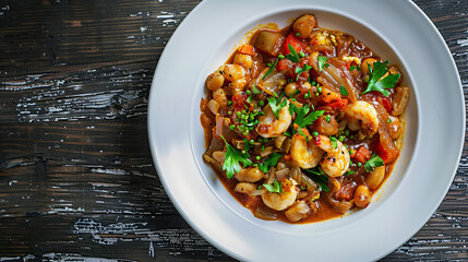 Poster - Tasty shrimps and white beans stew with vegetables and parsley in a white plate on a wooden table