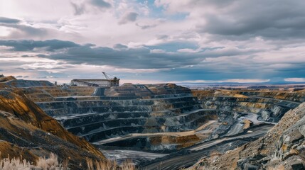 A vast open-pit mining operation stretches across the landscape under a dramatic sky, illustrating the scale and impact of human industry.