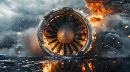 a jet engine ablaze in the rain, showcasing the fierce conflict between fire and water, and the raw 