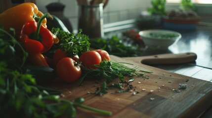 Sticker - Colorful assortment of fresh vegetables and herbs spread on a wooden cutting board in a sunlit kitchen.