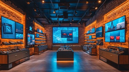 Poster - A retail store managed by AI-driven systems where inventory is automatically tracked and customers are greeted by AI assistants Stock Photo with copy space