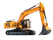 © Asier - Yellow excavator with digging arm, heavy-duty construction equipment, isolated on white background. PNG transparent.