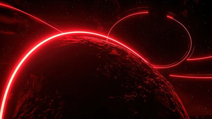 Wall Mural - glowing red neon planet with rings in dark space generative ai