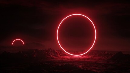 Wall Mural - glowing red neon planet with rings in dark space generative ai