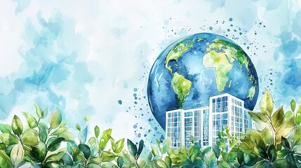 Wall Mural - Illustration of buildings with greenery and earth, symbolizing sustainable urban development.