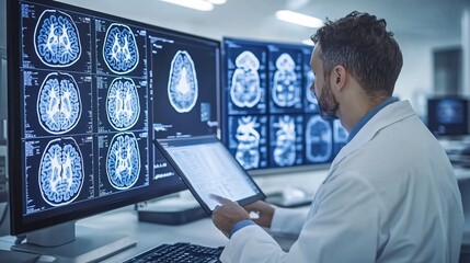 Poster - A medical technician using AI software to scan and diagnose medical images in a high-tech hospital environment Stock Photo with copy space