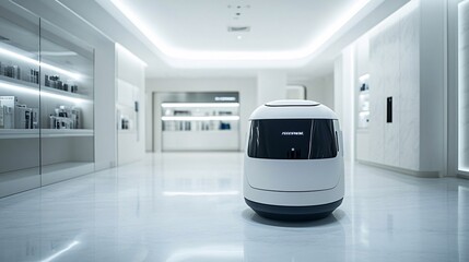 Poster - A retail environment where AI-driven robots assist customers with shopping and checkout Stock Photo with copy space