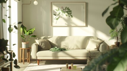 Sunlit living room with a light beige sofa, indoor plants, a framed botanical print, and soft shadows creating a serene atmosphere.