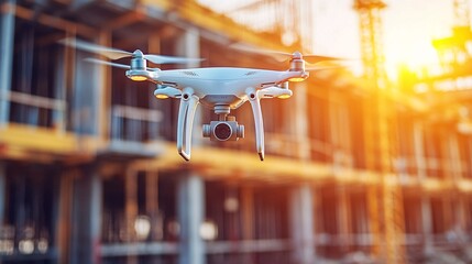 Poster - A drone flying over a construction site capturing real-time data for AI-driven project management Stock Photo with copy space