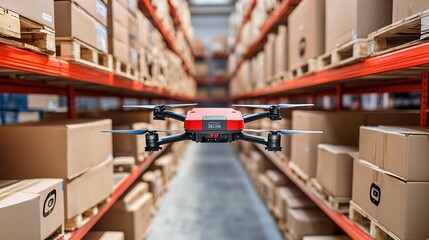 Poster - A logistics hub where AI systems coordinate the movement of goods through automated warehouses and delivery drones Stock Photo with copy space