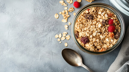 Wall Mural - Glass jar of muesli beside a bowl with muesli and a spoon