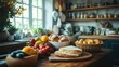 © Sunshine - Fresh and Vibrant Kitchen with Assorted Fruits and Bread on Wooden Counter in Sunlit Rustic Setting