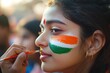 © Natalia - Close-up of a young girl getting the Indian tricolor painted on her face, with a soft afternoon light and blurred background, capturing a moment of national pride and artistic expression