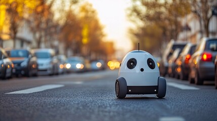 Poster - An autonomous robot navigating through a crowded city street with the aid of AI for obstacle detection and route planning Stock Photo with copy space