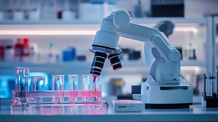 Poster - A robotic arm in an AI-controlled lab performing precise and complex tasks in scientific research Stock Photo with copy space