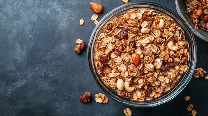 Wall Mural - Close-up of granola clusters inside a large glass container beside an open bowl