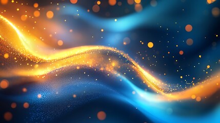 Abstract background with blue and gold glowing particles and bokeh lights.