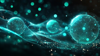 Wall Mural - glowing teal spheres floating in dark space with ethereal light trails