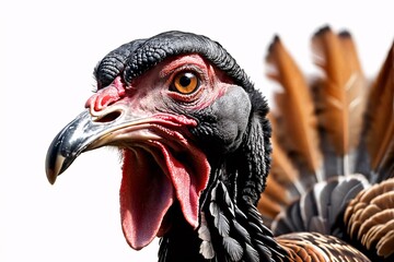 Close-up of a bird's head with bright red wattle and feathers.