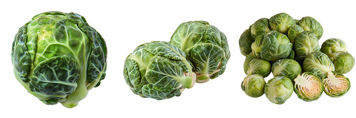 Fresh organic Brussels sprouts isolated on a transparent background showcasing vibrant green heads, perfect for healthy meals, vegan dishes, and nutritious diet options