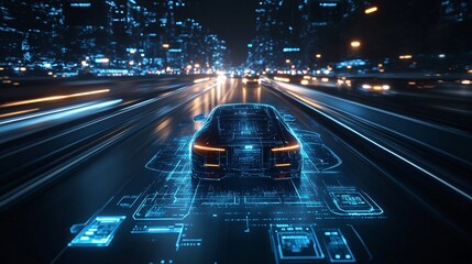 Poster - A futuristic city at night where AI systems control everything from transportation to public safety Stock Photo with copy space