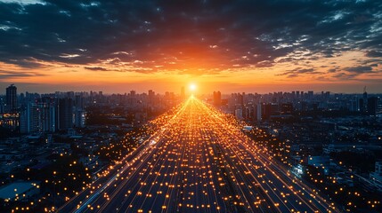 Poster - A futuristic city at night where AI systems control everything from transportation to public safety Stock Photo with copy space